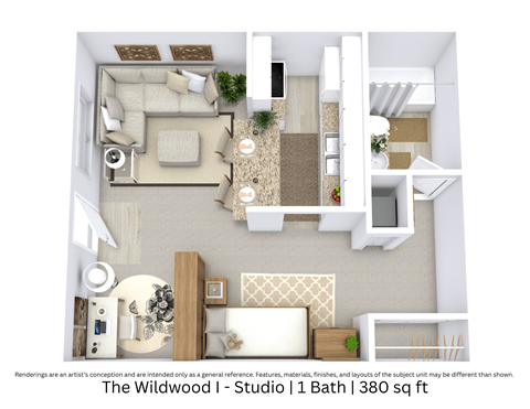 Floor plan for studio, 1 bath, 380 sqft
